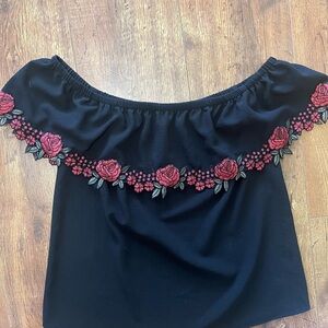 Beautiful Off-Shoulder Top with Red Floral Embroidery